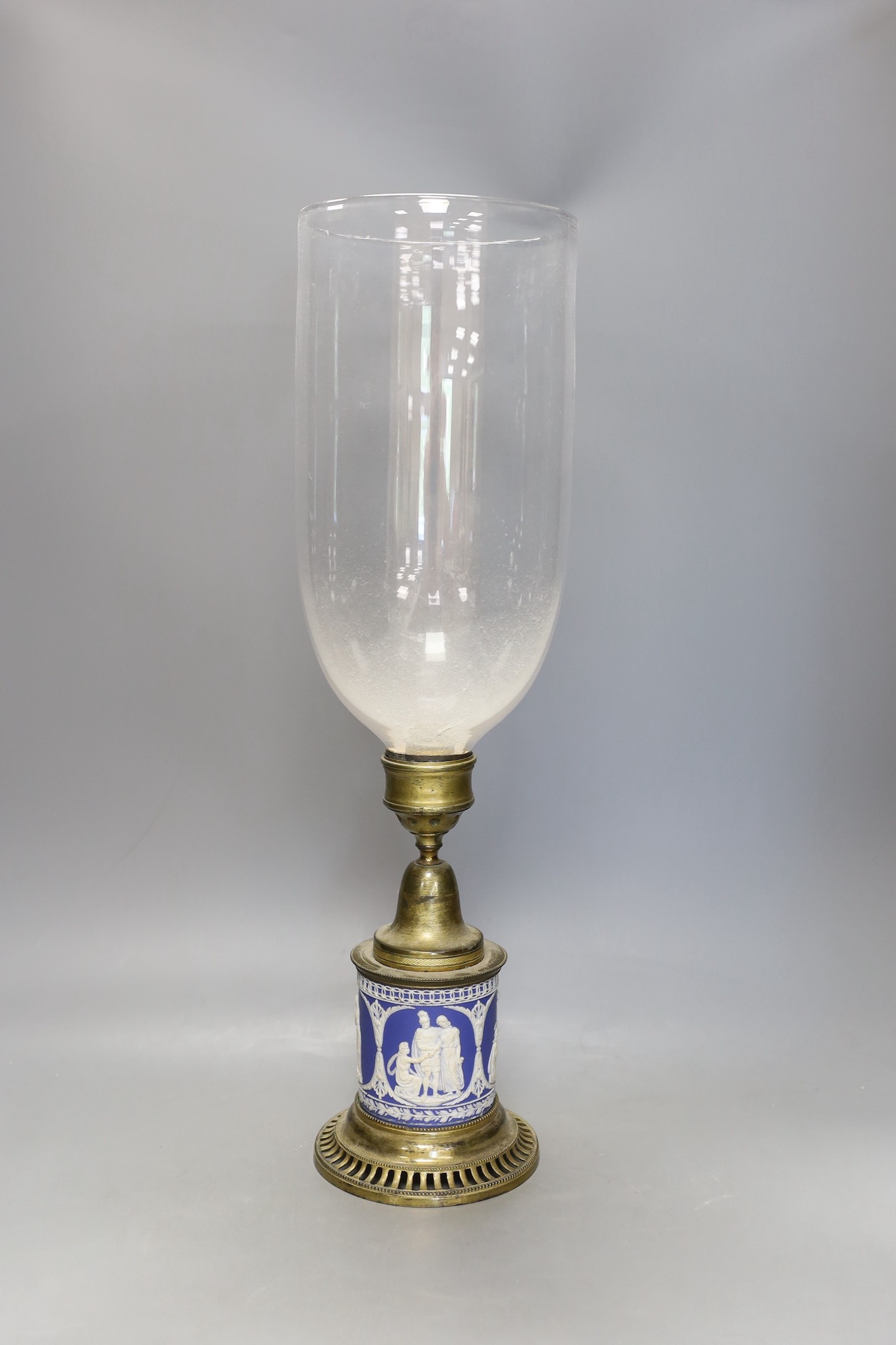 A 19th century storm lantern with jasper-ware base, 51cm